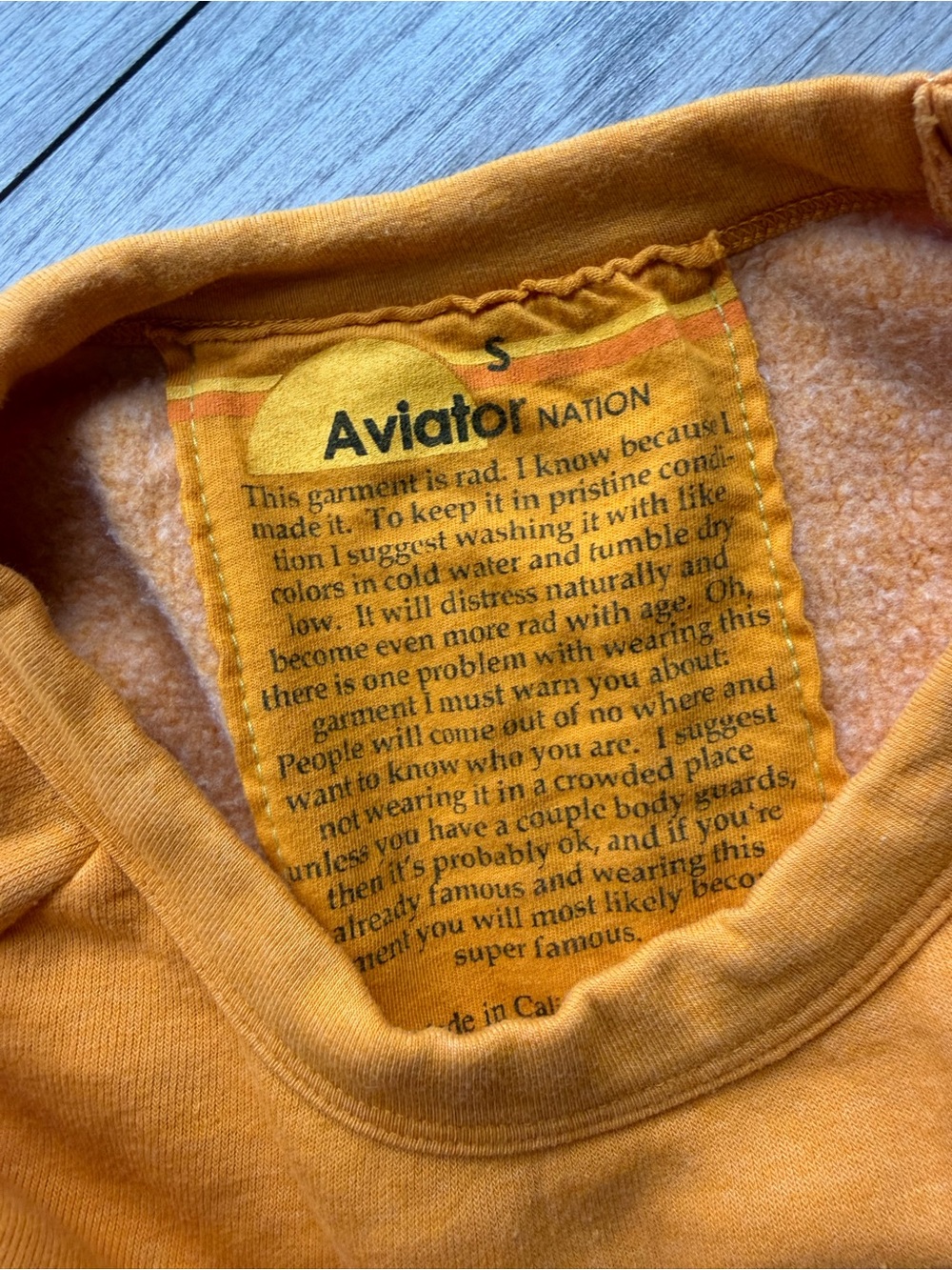 Aviator Nation Mustard Gold Crewneck with Navy Logo and Red-Orange Stripe - Picture 4 of 4